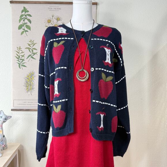 Christopher & Banks Sweaters - Y2k Embroidered Apple Cardigan Sweater Whimsy Twee Novelty Art Teacher Cottage L